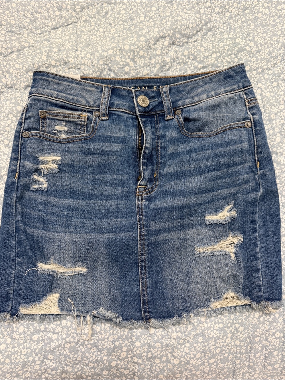 American Eagle Outfitters Distressed Blue Denim Mini Skirt